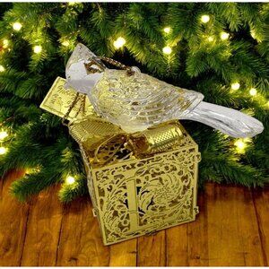 Cardinal Bird on Present Christmas Tree Ornament Light Up Gold Tone Ornate Gift